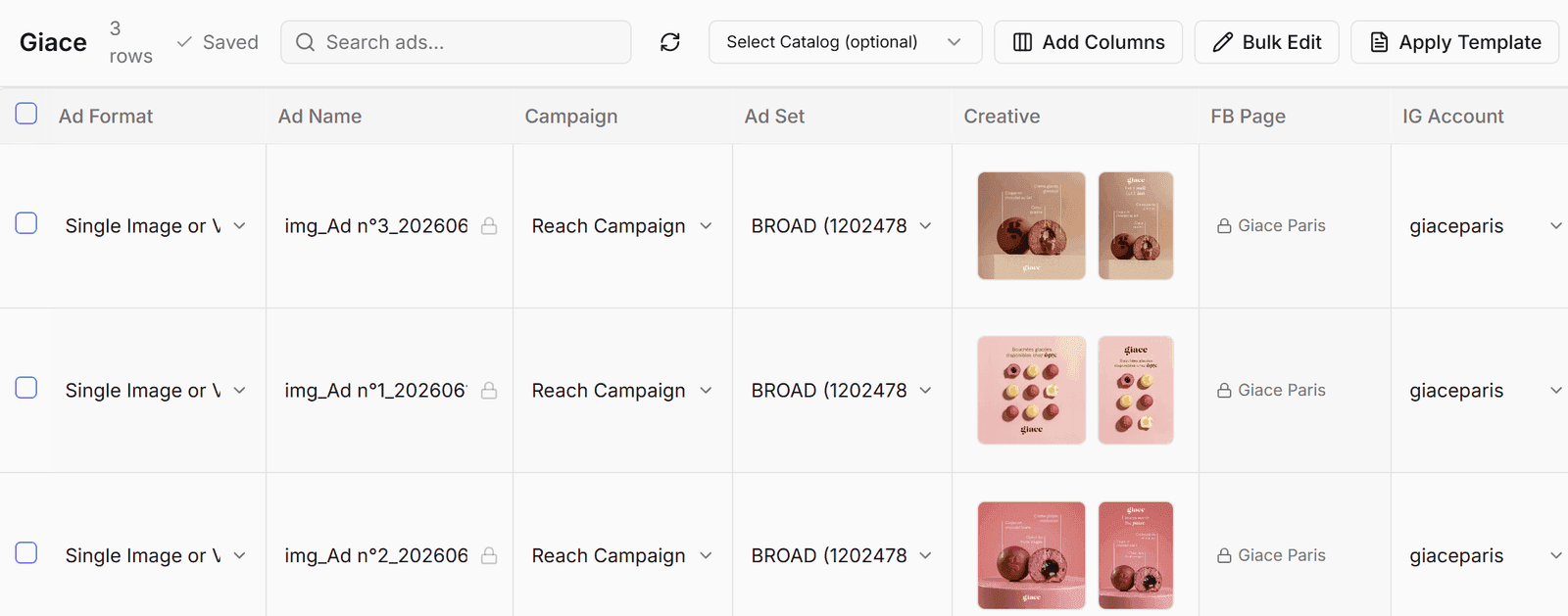Adsap's spreadsheet-style bulk ad editor showing rows of ad variations with format, campaign, ad set, and creative columns