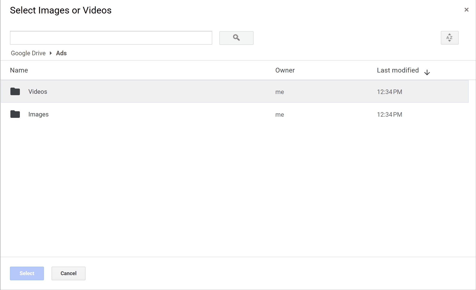 Adsap's Google Drive file picker, browsing the Ads folder to select images or videos to upload to Meta