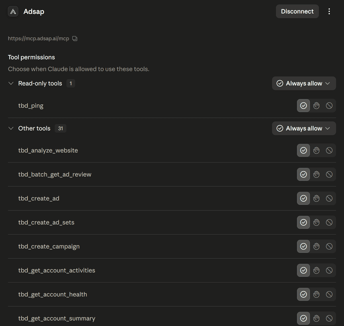 Adsap's MCP tool permissions in Claude, showing read-only and other tools with per-tool allow controls